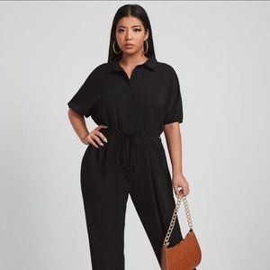 SHEIN Plus Solid Button Front Belted Shirt Black Jumpsuit  - Size 0XL (12)
